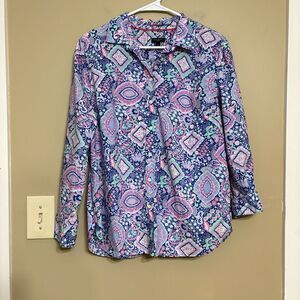 Talbots Blue Pink Mint Funky Print Cotton Button Down Blouse Petite Large